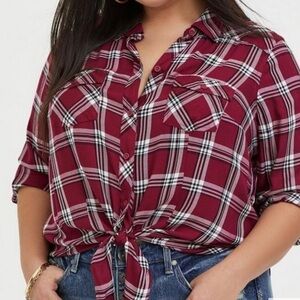 Torrid Plaid Taylor Slim Tie in Front Button Down Long Sleeve Top